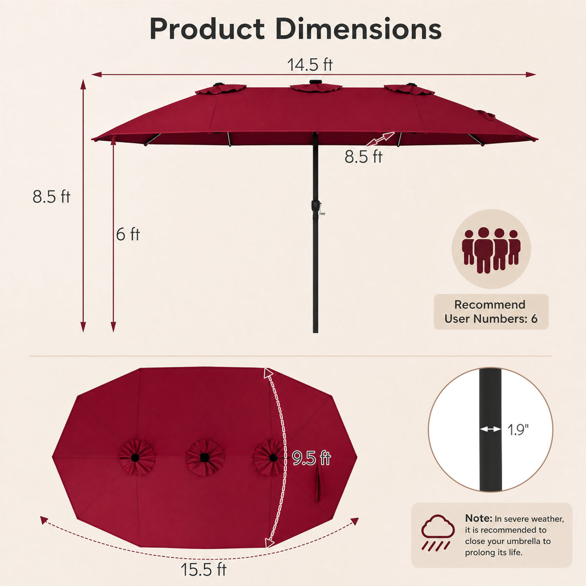 15.5FT Extra-Large Patio Umbrella 12 Reinforced Metal Ribs-Red