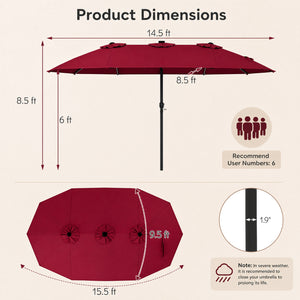 15.5FT Extra-Large Patio Umbrella 12 Reinforced Metal Ribs-Red