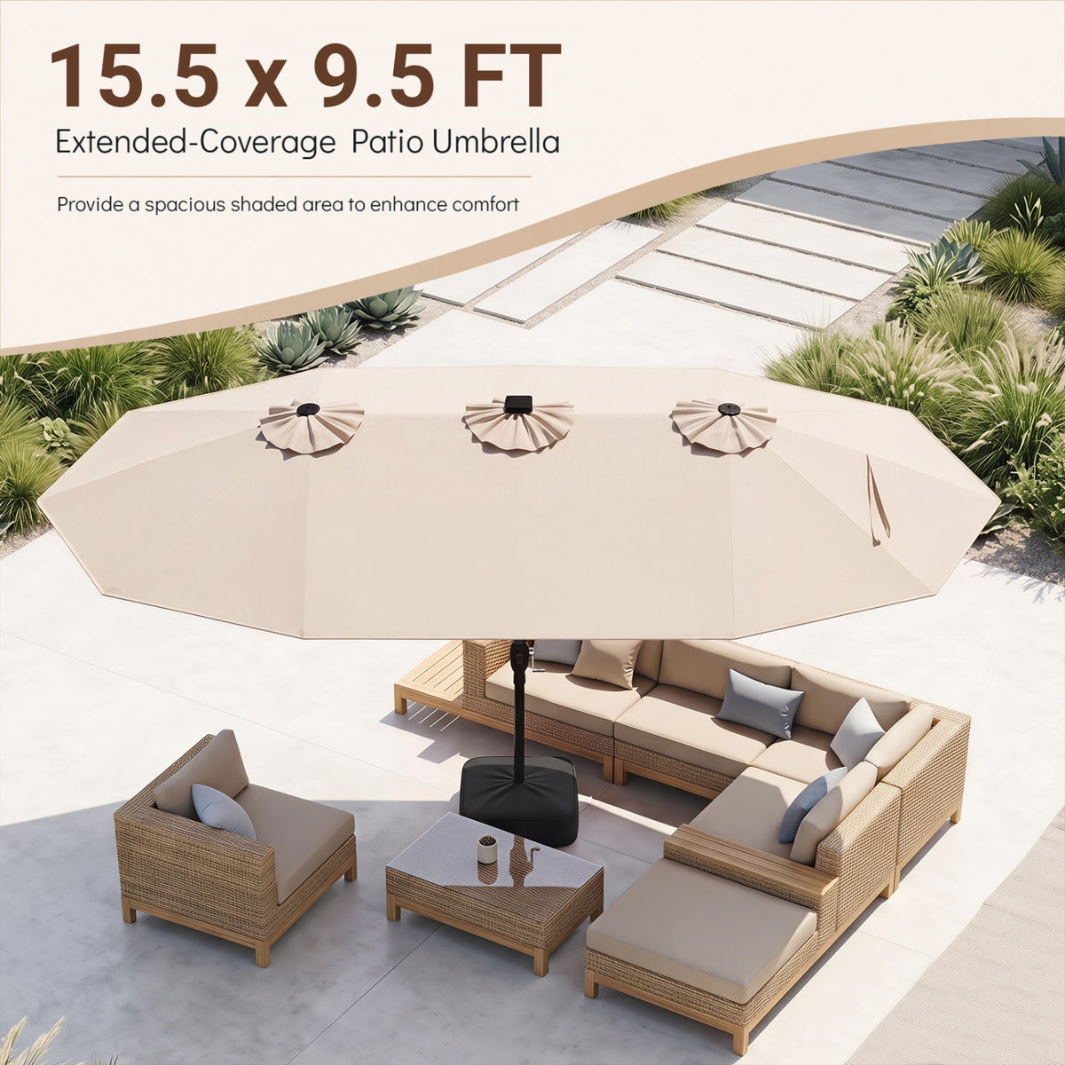 15.5FT Extra-Large Patio Umbrella with Base 12 Reinforced Ribs-Beige