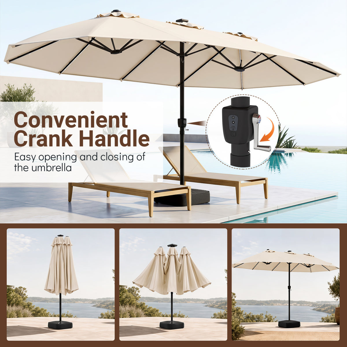 15.5FT Extra-Large Patio Umbrella with Base 12 Reinforced Ribs-Beige