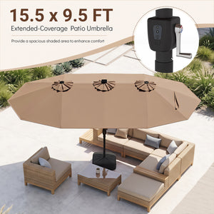 15.5FT Extra-Large Patio Umbrella with Base 12 Reinforced Ribs-Brown