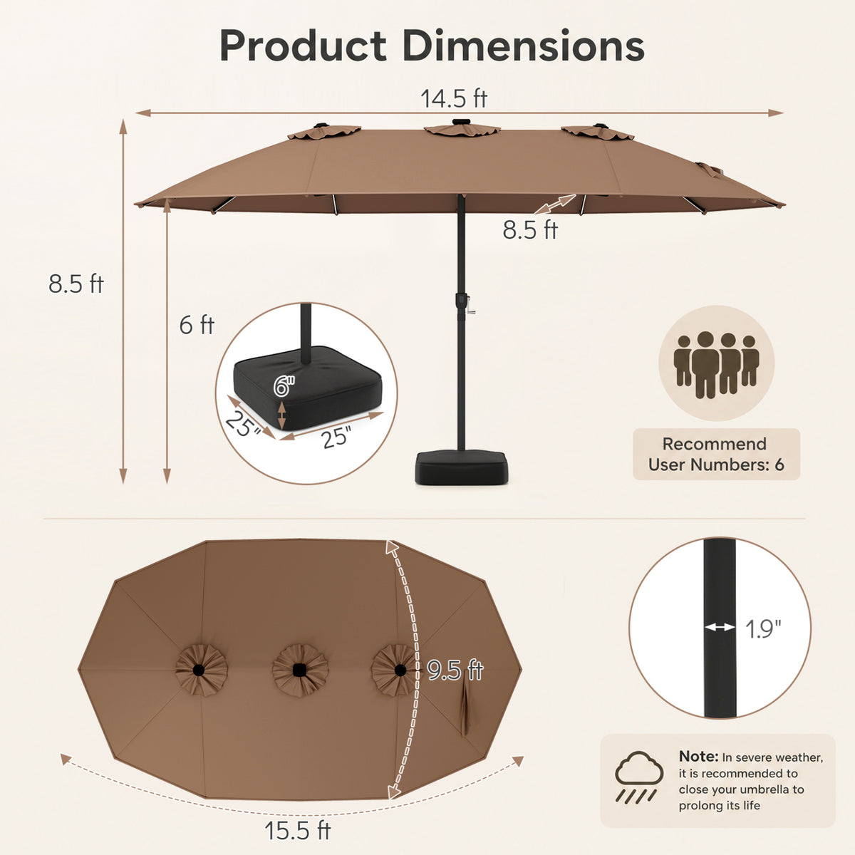 15.5FT Extra-Large Patio Umbrella with Base 12 Reinforced Ribs-Brown