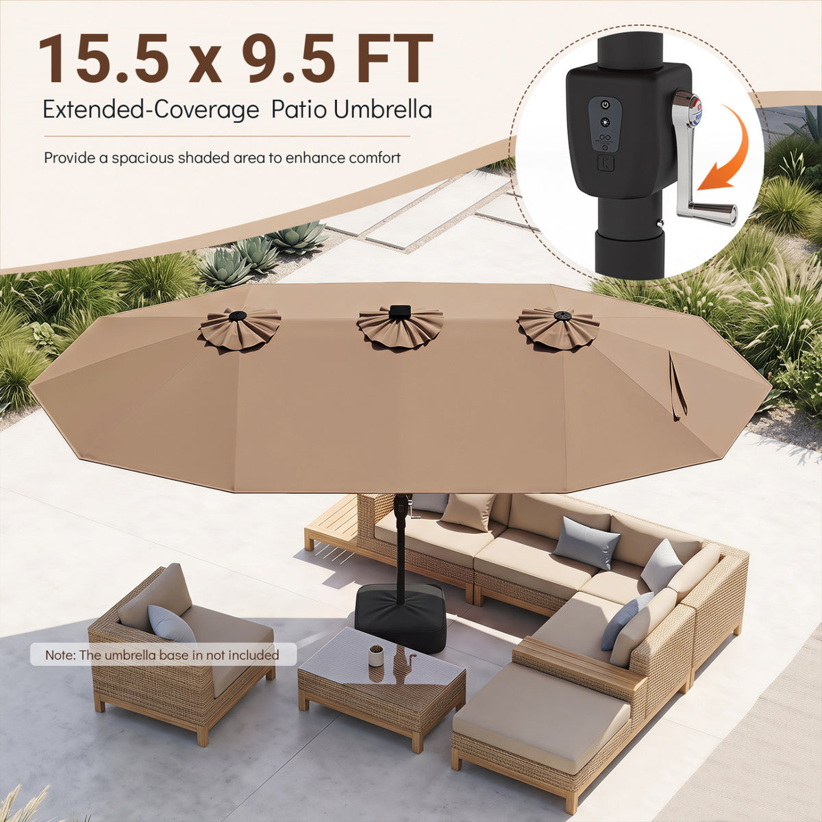 15.5FT Extra-Large Patio Umbrella 12 Reinforced Metal Ribs-Brown
