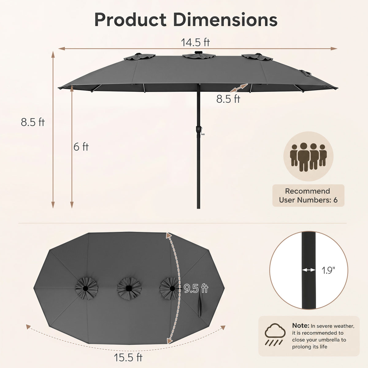 15.5FT Extra-Large Patio Umbrella 12 Reinforced Metal Ribs-Gray