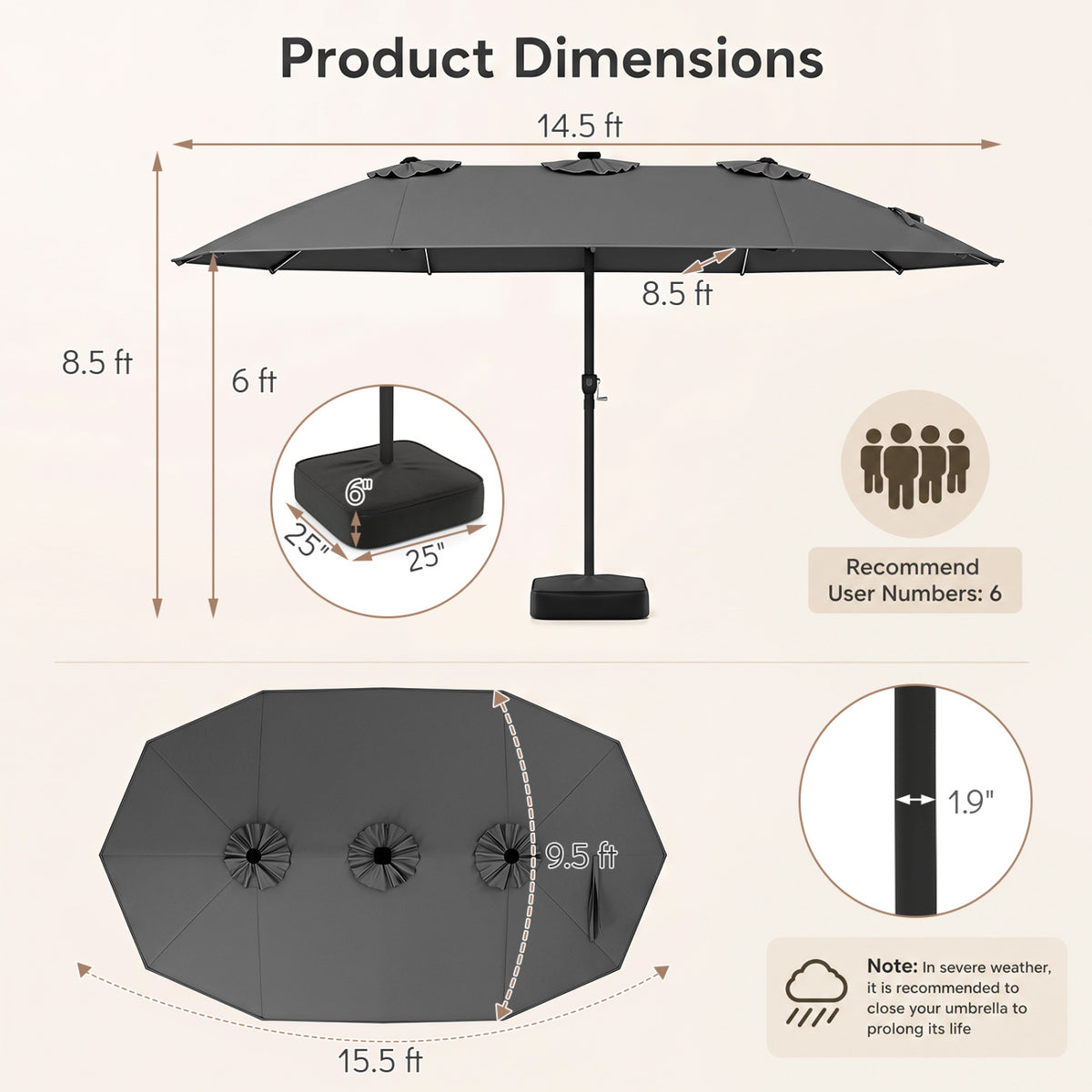 15.5FT Extra-Large Patio Umbrella with Base 12 Reinforced Ribs-Gray