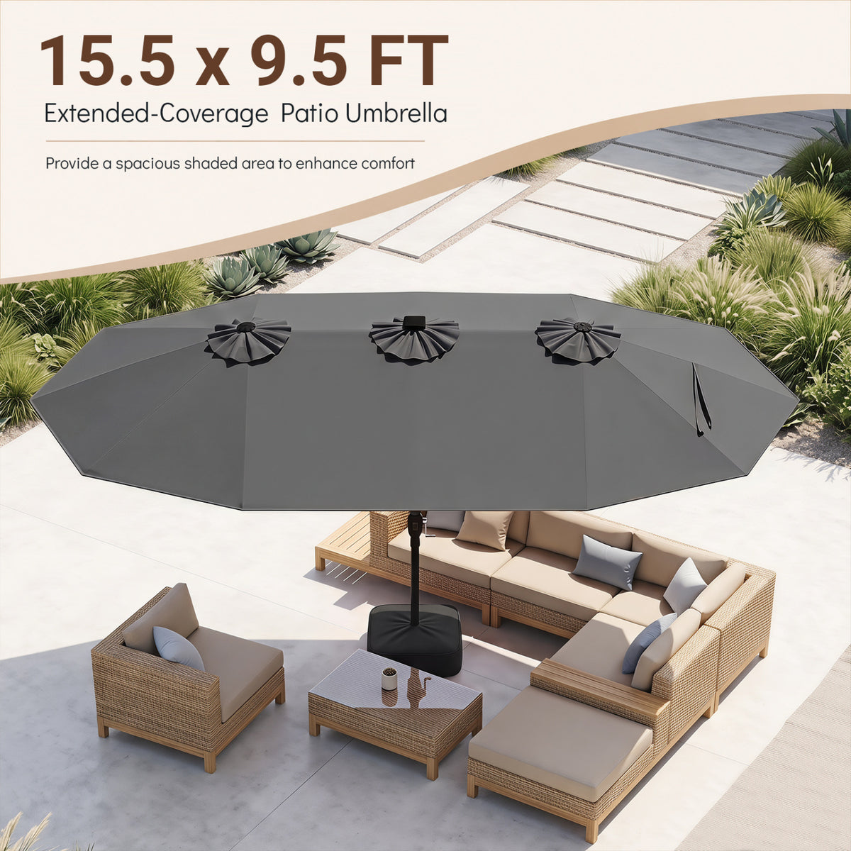 15.5FT Extra-Large Patio Umbrella with Base 12 Reinforced Ribs-Gray