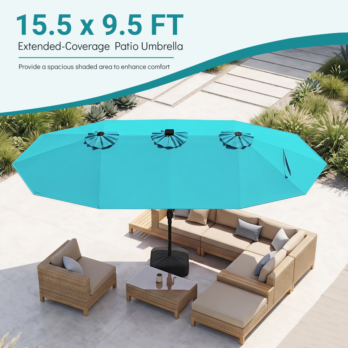 15.5FT Extra-Large Patio Umbrella with Base 12 Reinforced Ribs-Turquoise