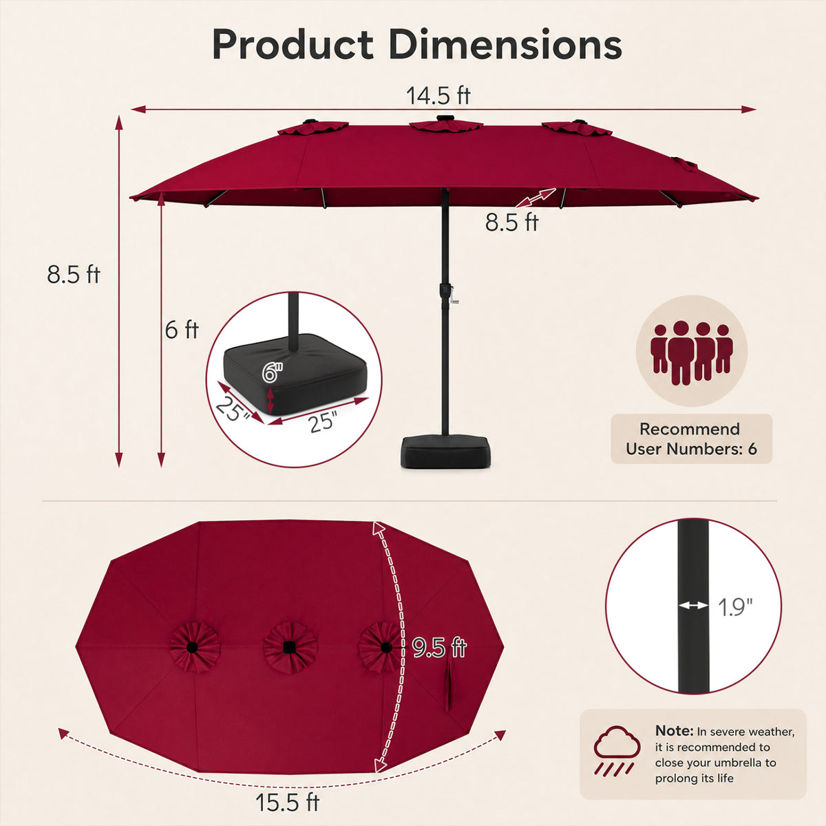 15.5FT Extra-Large Patio Umbrella with Base 12 Reinforced Ribs-Red