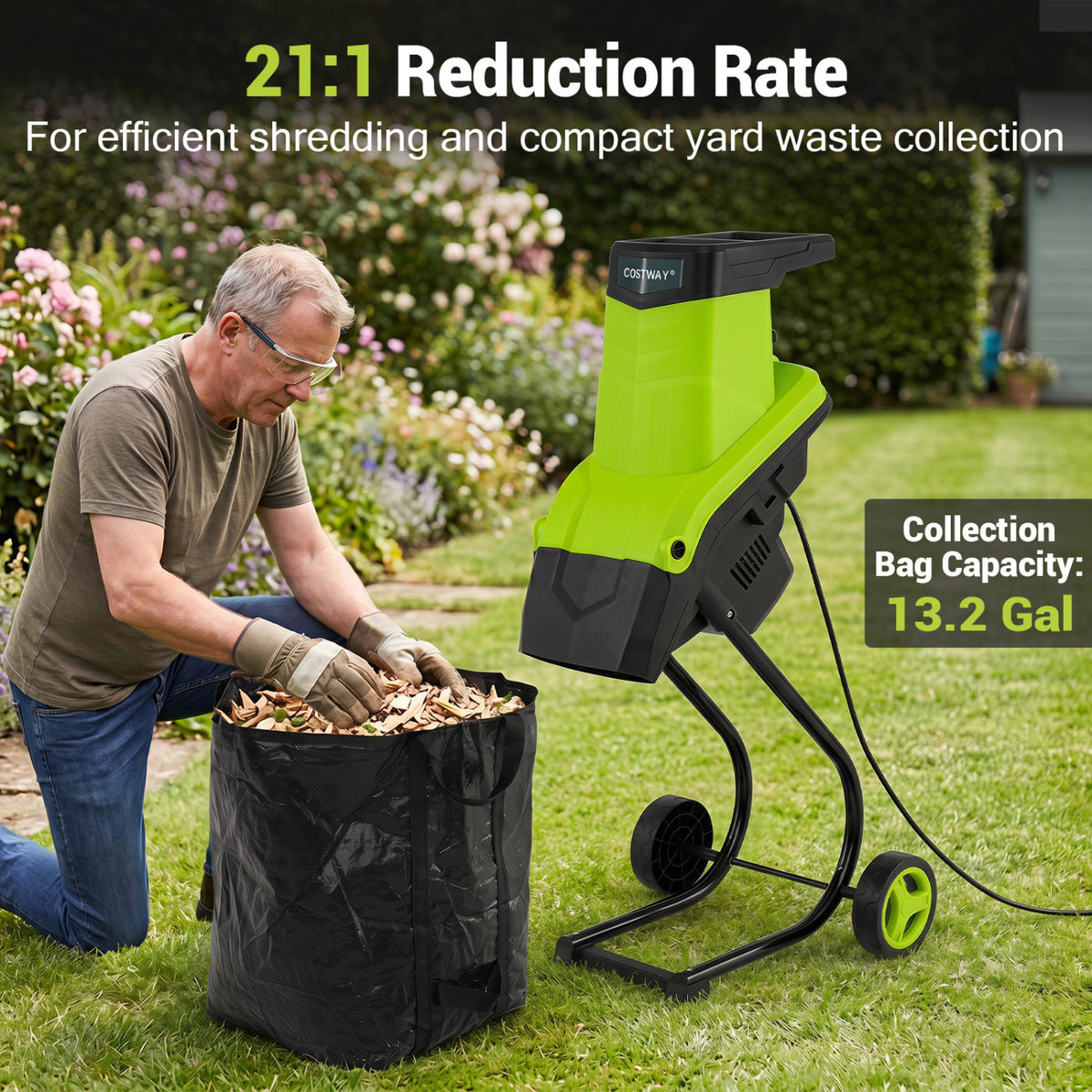 15-Amp Electric Wood Chipper Shredder Mulcher 1.8 Inch Max Cutting Diameter-Green