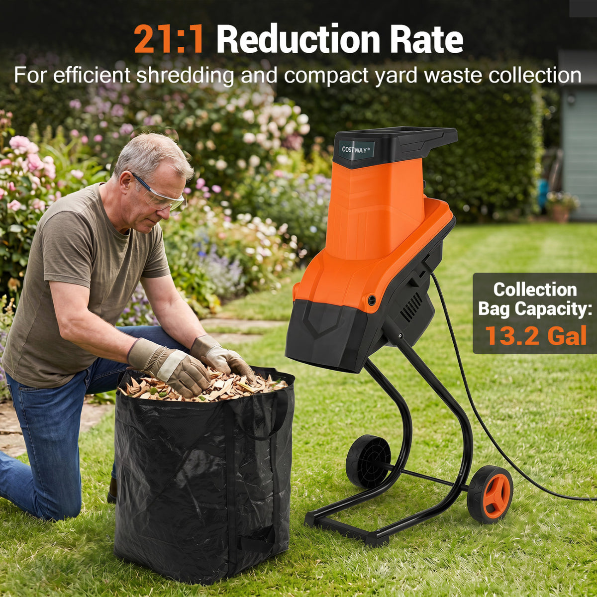 15-Amp Electric Wood Chipper Shredder Mulcher with 1.8 Inch Max Cutting Diameter-Orange