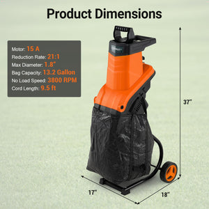 15-Amp Electric Wood Chipper Shredder Mulcher with 1.8 Inch Max Cutting Diameter-Orange