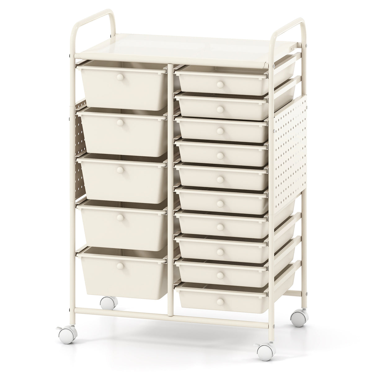 15-Drawer Rolling Storage Cart with Metal Tabletop and Pegboard-White