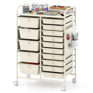 15-Drawer Rolling Storage Cart with Metal Tabletop and Pegboard-White