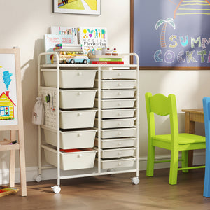 15-Drawer Rolling Storage Cart with Metal Tabletop and Pegboard-White