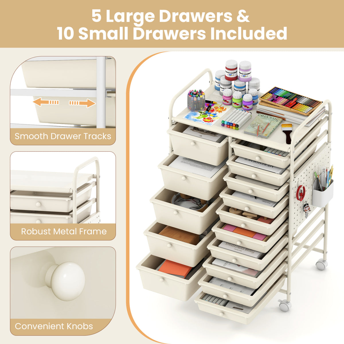 15-Drawer Rolling Storage Cart with Metal Tabletop and Pegboard-White