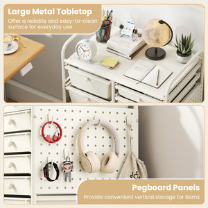 15-Drawer Rolling Storage Cart with Metal Tabletop and Pegboard-White