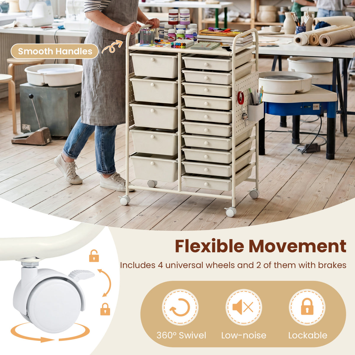 15-Drawer Rolling Storage Cart with Metal Tabletop and Pegboard-White