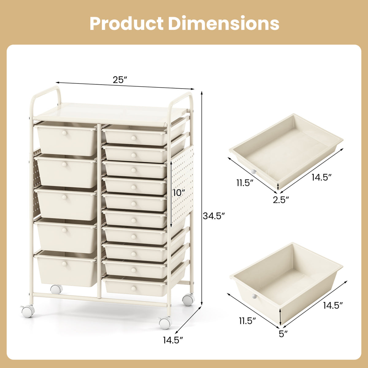 15-Drawer Rolling Storage Cart with Metal Tabletop and Pegboard-White