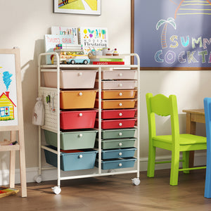 15-Drawer Rolling Storage Cart with Metal Tabletop and Pegboard-Macaron