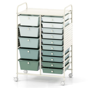 15-Drawer Rolling Storage Cart with Metal Tabletop and Pegboard-Green