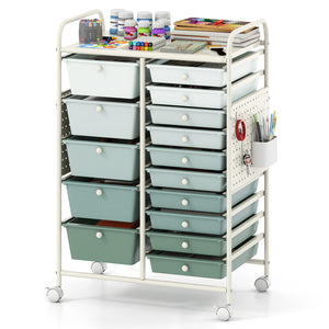 15-Drawer Rolling Storage Cart with Metal Tabletop and Pegboard-Green