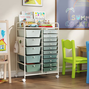 15-Drawer Rolling Storage Cart with Metal Tabletop and Pegboard-Green