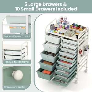 15-Drawer Rolling Storage Cart with Metal Tabletop and Pegboard-Green