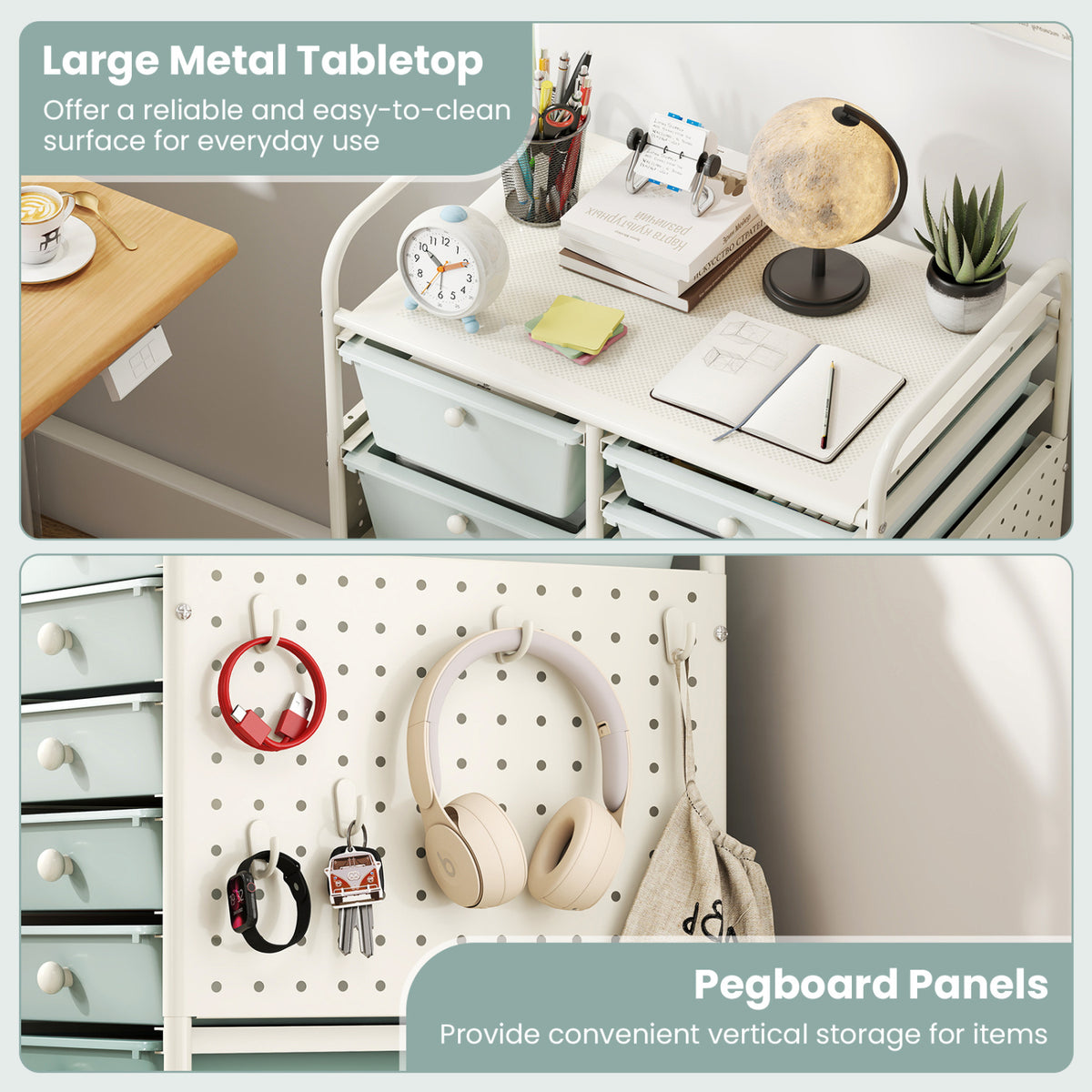 15-Drawer Rolling Storage Cart with Metal Tabletop and Pegboard-Green