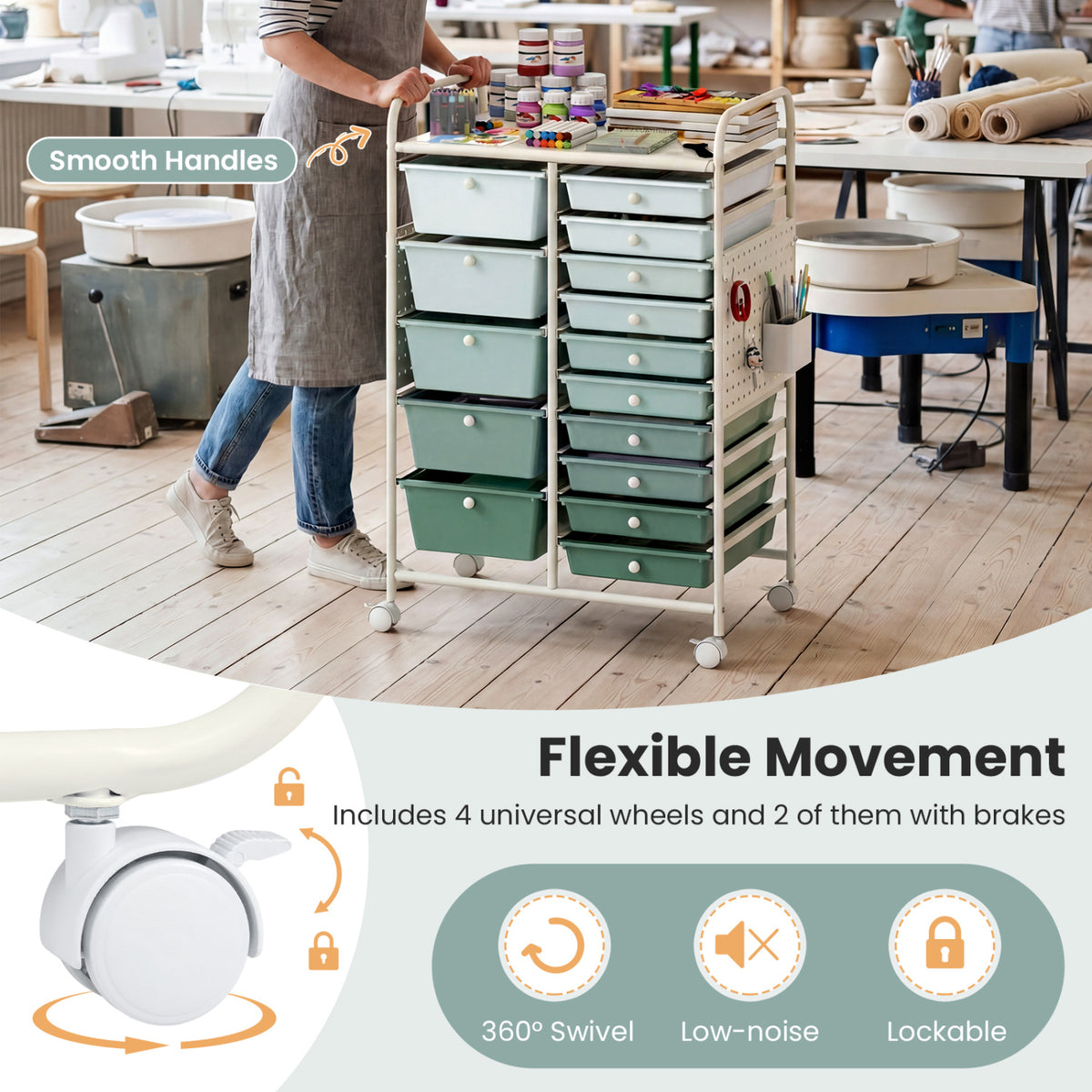 15-Drawer Rolling Storage Cart with Metal Tabletop and Pegboard-Green