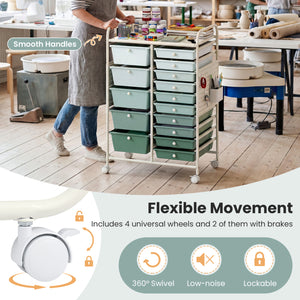 15-Drawer Rolling Storage Cart with Metal Tabletop and Pegboard-Green