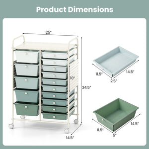 15-Drawer Rolling Storage Cart with Metal Tabletop and Pegboard-Green