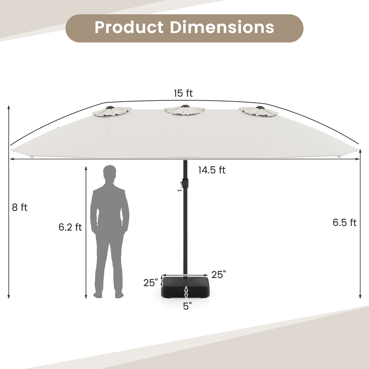 15 Feet Double-Sided Twin Patio Umbrella with Crank and Base-Brown