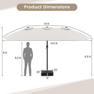 15 Feet Double-Sided Twin Patio Umbrella with Crank and Base-Brown