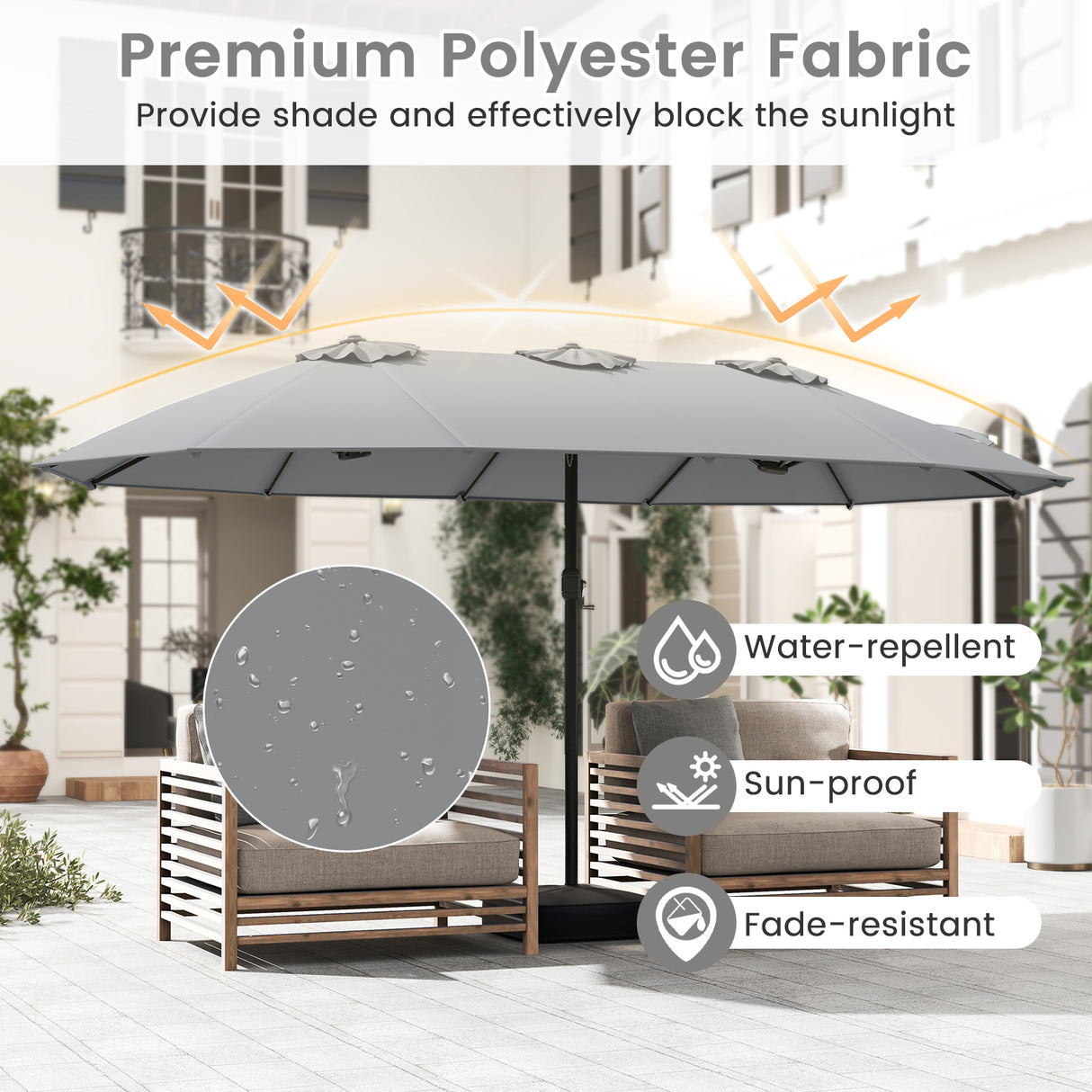 15 Feet Double-Sided Twin Patio Umbrella with Crank and Base-Brown