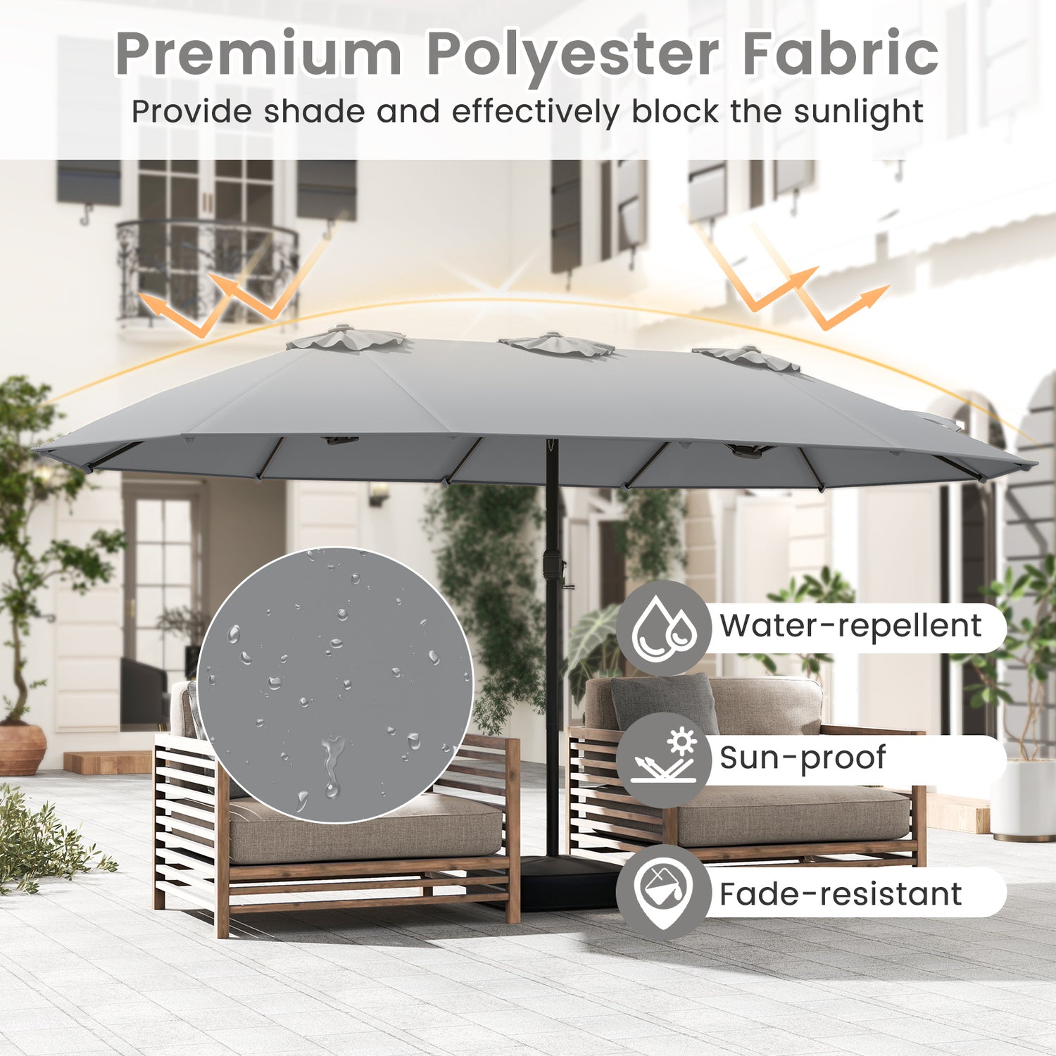 15 Feet Double-Sided Twin Patio Umbrella with Crank and Base-Gray