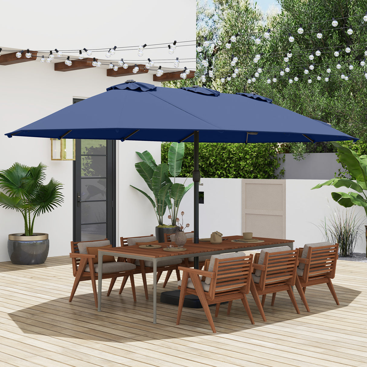 15 Feet Double-Sided Twin Patio Umbrella with Crank and Base-Navy