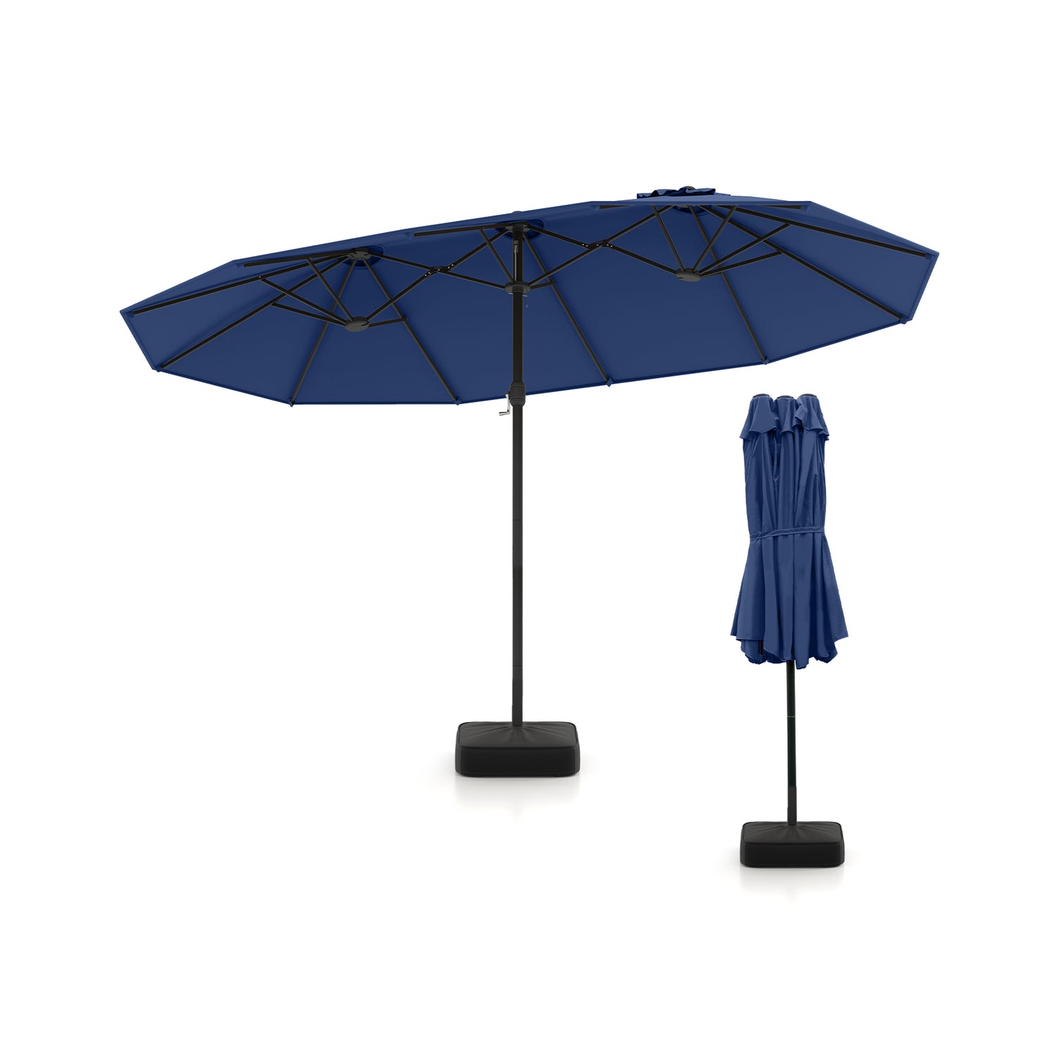 15 Feet Double-Sided Twin Patio Umbrella with Crank and Base-Navy