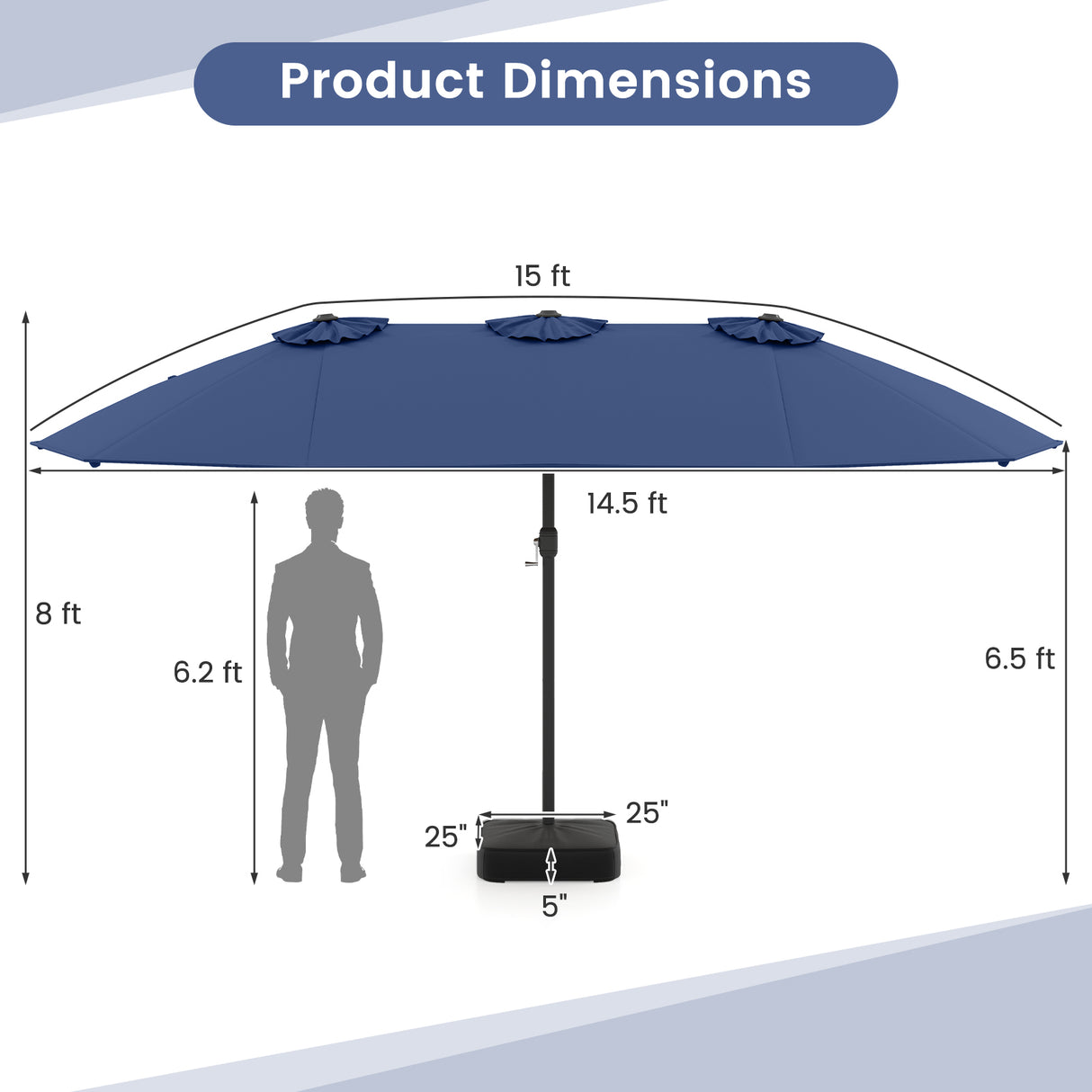 15 Feet Double-Sided Twin Patio Umbrella with Crank and Base-Navy
