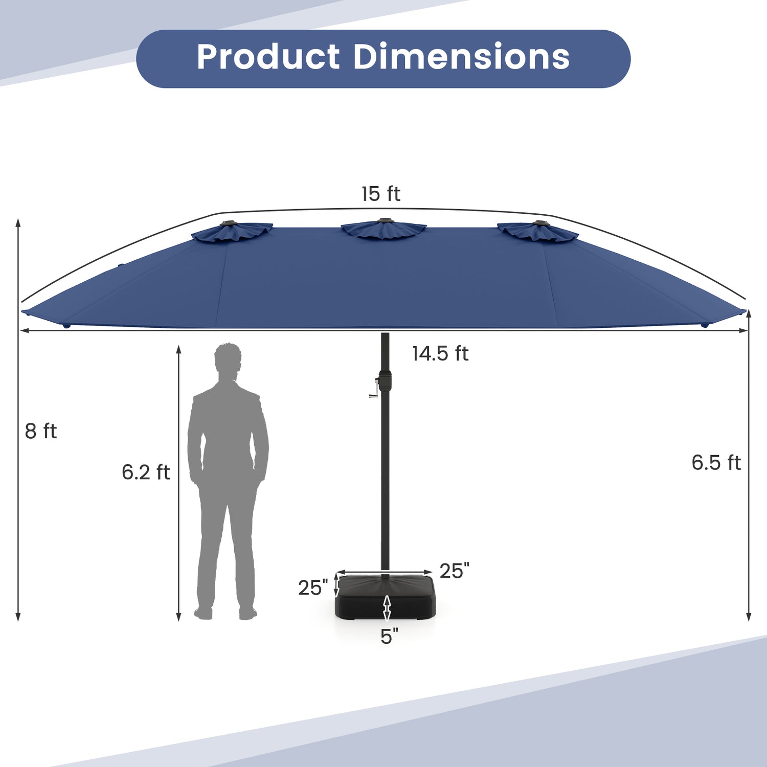 15 Feet Double-Sided Twin Patio Umbrella with Crank and Base-Navy