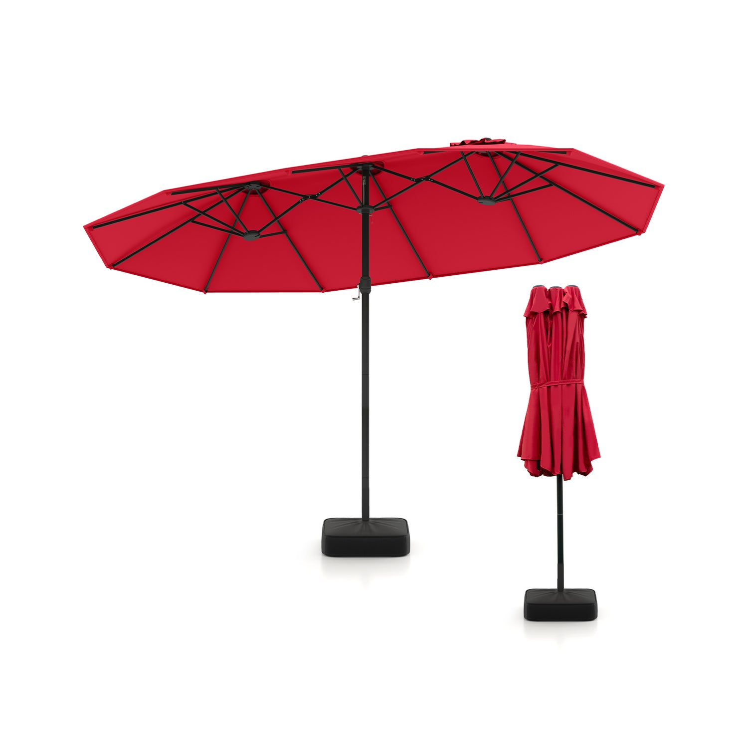15 Feet Double-Sided Twin Patio Umbrella with Crank and Base-Brown