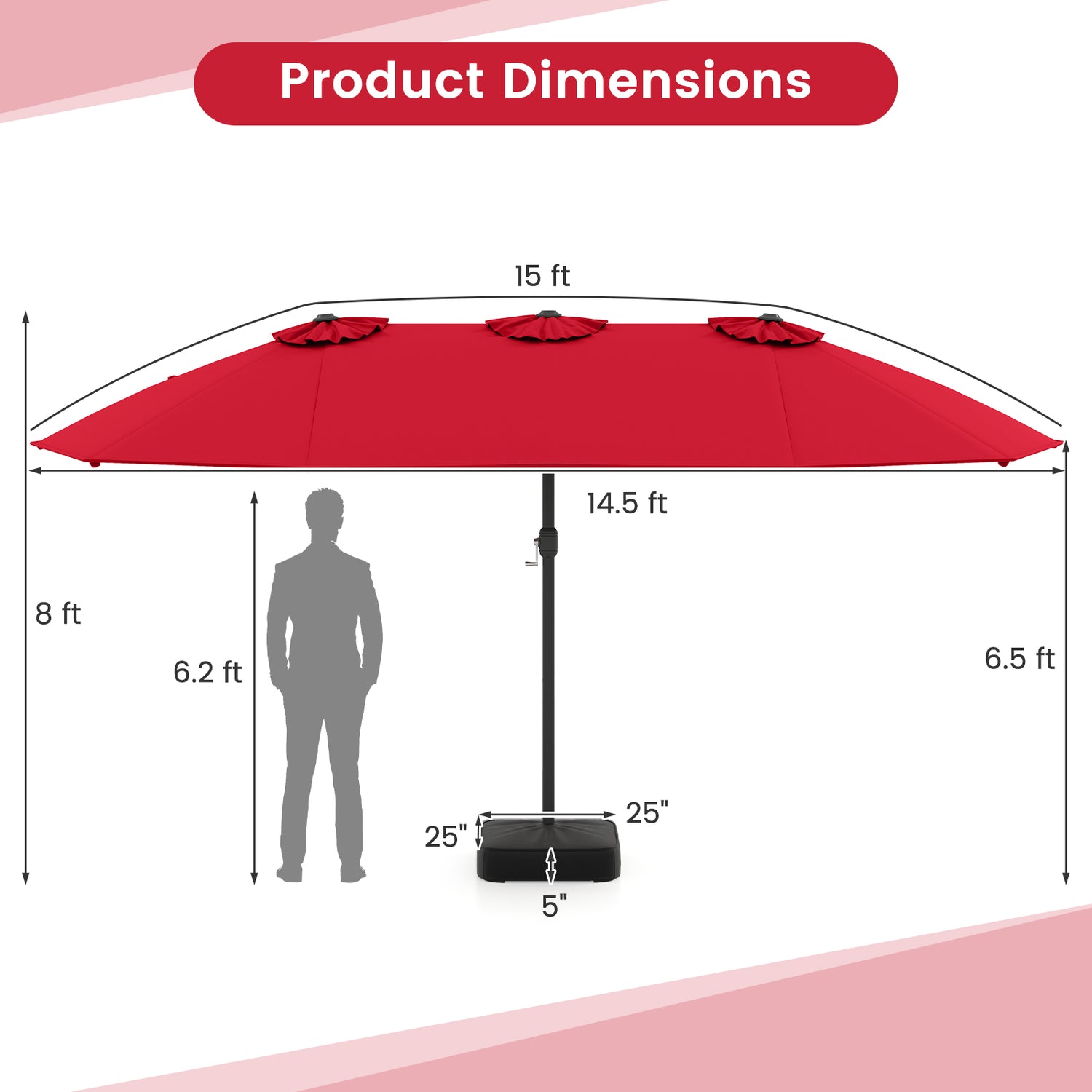 15 Feet Double-Sided Twin Patio Umbrella with Crank and Base-Brown