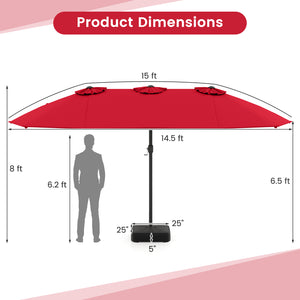 15 Feet Double-Sided Twin Patio Umbrella with Crank and Base-Brown