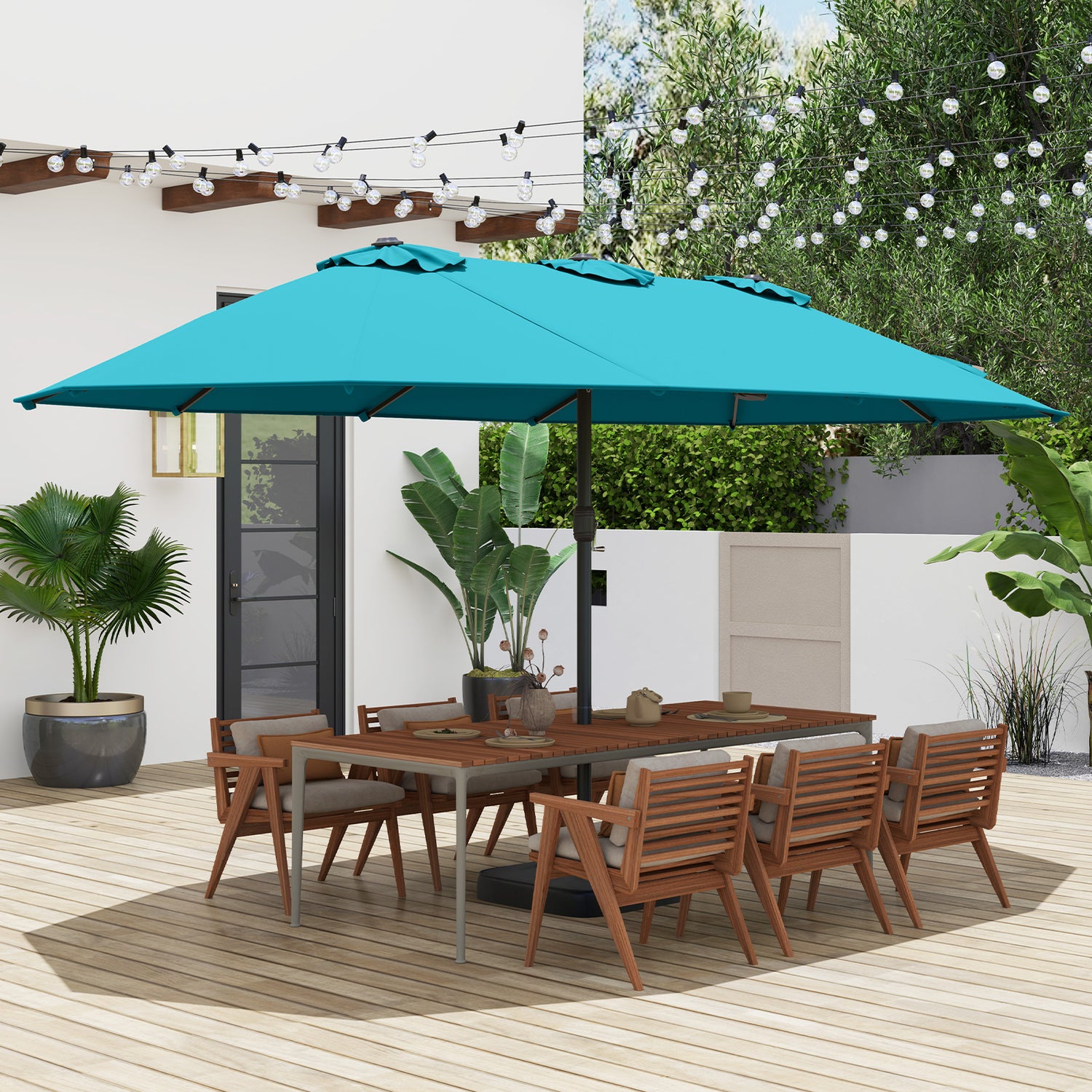 15 Feet Double-Sided Twin Patio Umbrella with Crank and Base-Brown