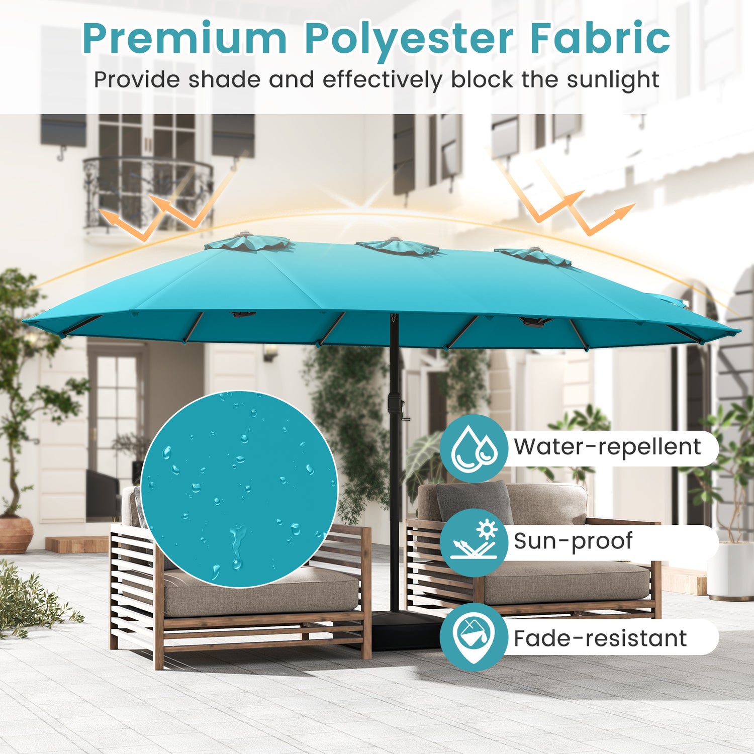 15 Feet Double-Sided Twin Patio Umbrella with Crank and Base-Brown