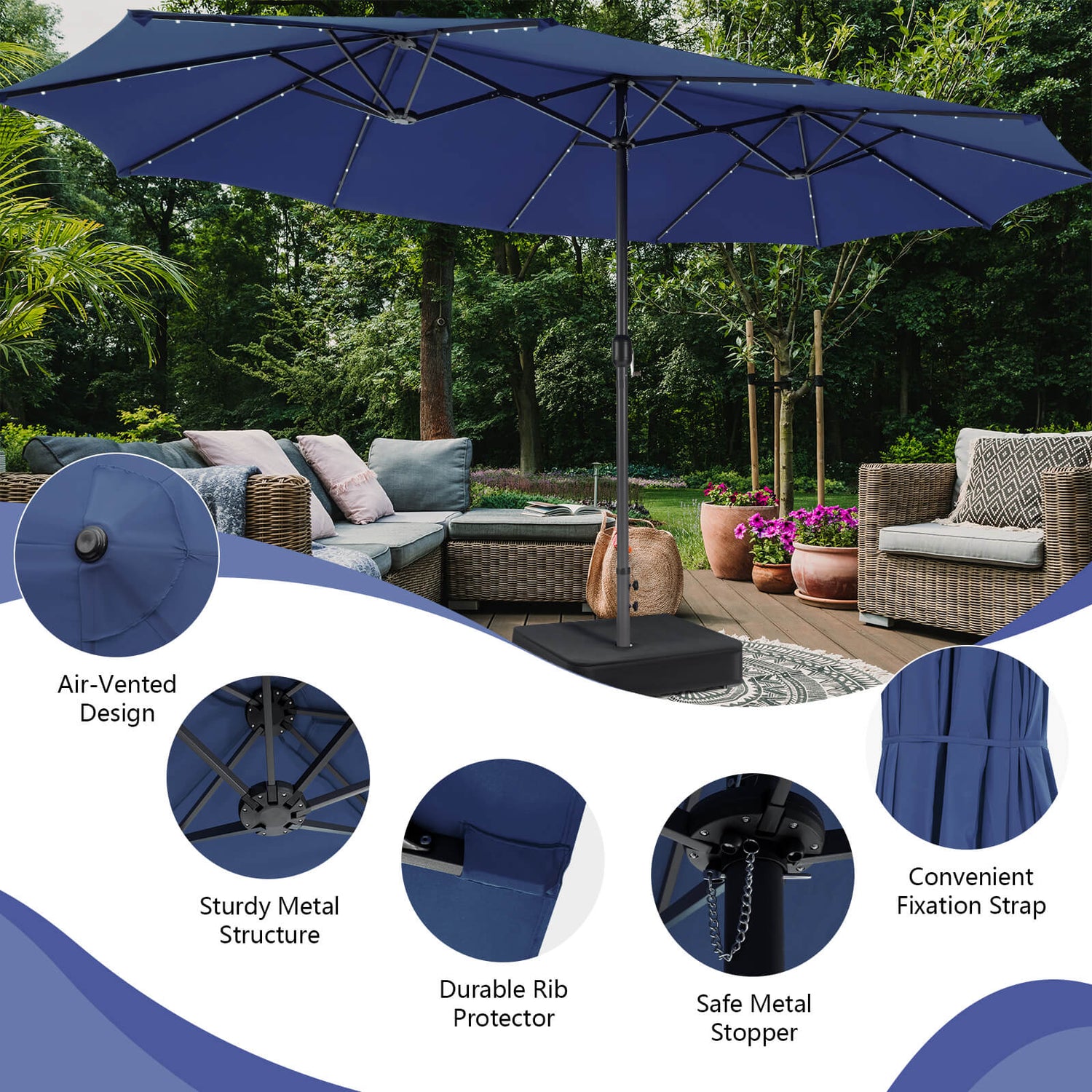 15 Feet Double-Sided Patio Umbrella with 48 LED Lights-Beige