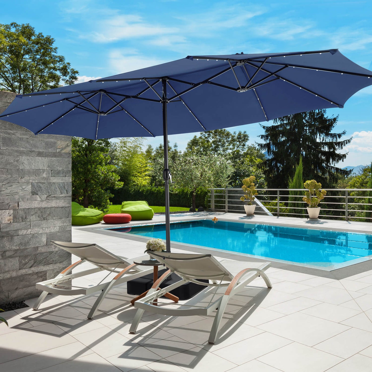 15 Feet Double-Sided Patio Umbrella with 48 LED Lights-Beige