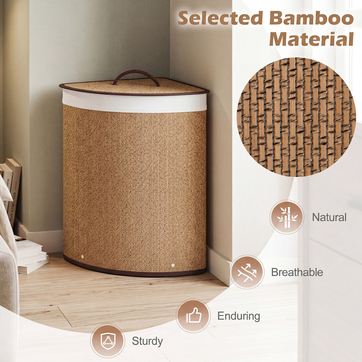15 Gal Capacity Bamboo Laundry Hamper with Removable Liner-Brown