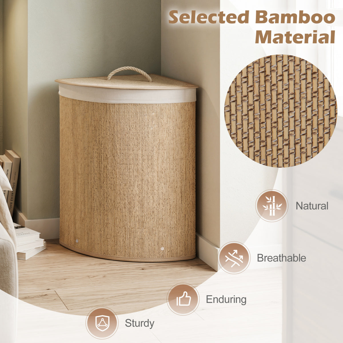15 Gal Capacity Bamboo Laundry Hamper with Removable Liner-Natrual