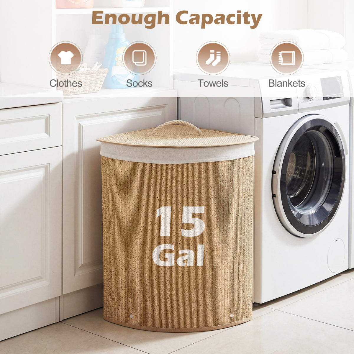 15 Gal Capacity Bamboo Laundry Hamper with Removable Liner-Natrual