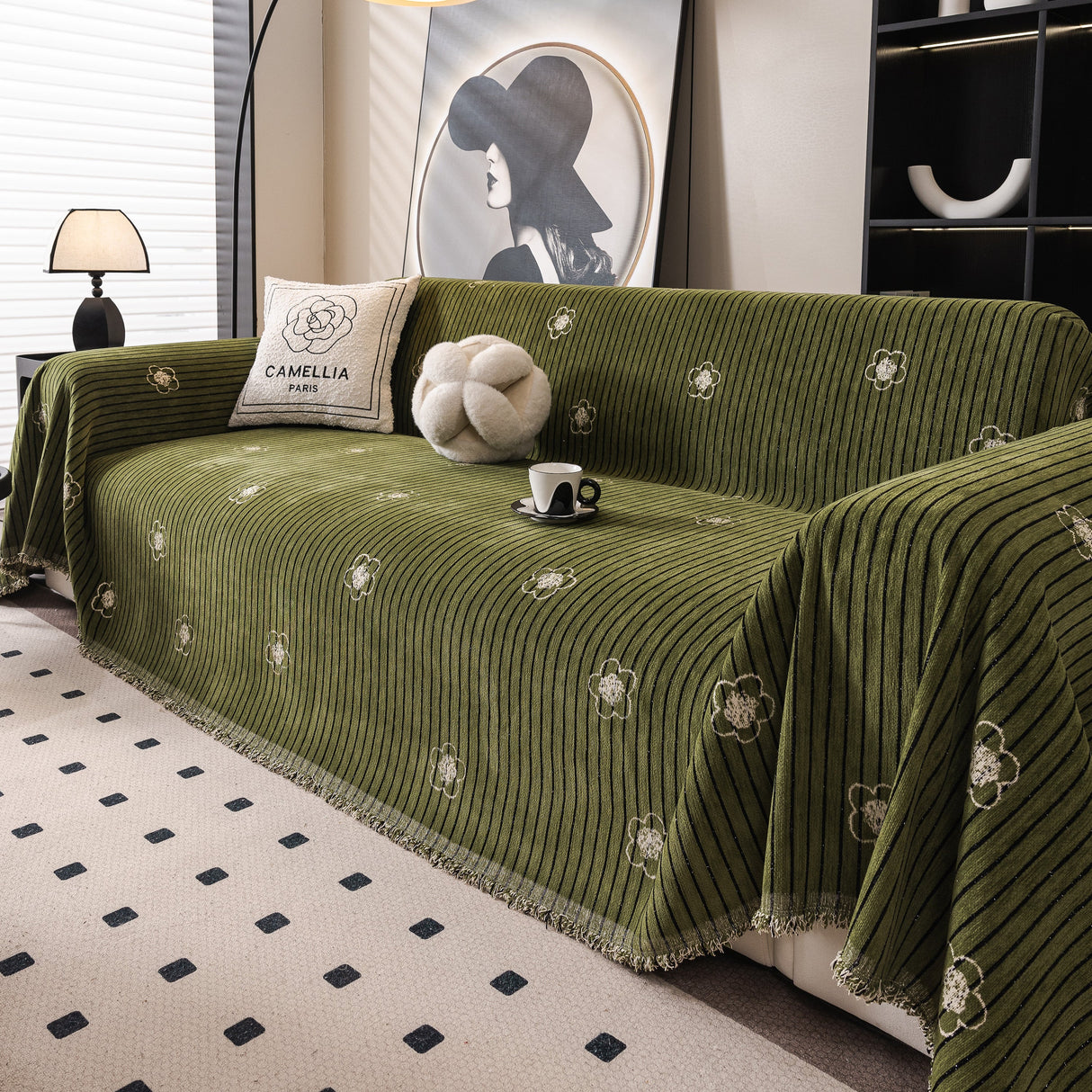 Chenille Camellia Floral Sofa Throw Cover Couch Blanket with Striped Jacquard